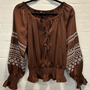 Shyanne Chocolate Brown Embroidered Western Peasant Top Boho Cowgirl Size M